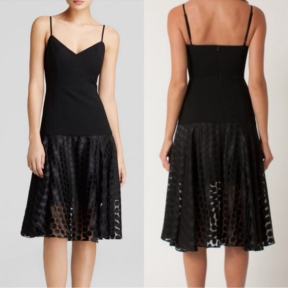 Black Halo Catalyna Drop Waist Polka Dot Midi Dress Sheer Mesh NWT 12 Formal Mod - Picture 1 of 16